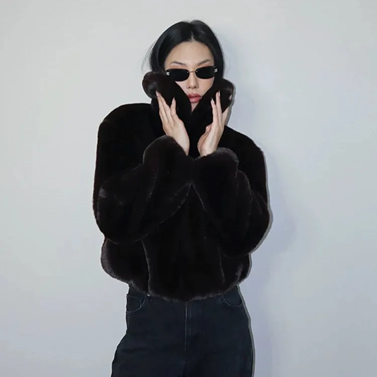 Black Winter Women Artificial Fur Jacket Stand Collar Zipper Eco Fur Coat For Lady Coat Thickened Thermal Female Fluffy Fur Coat