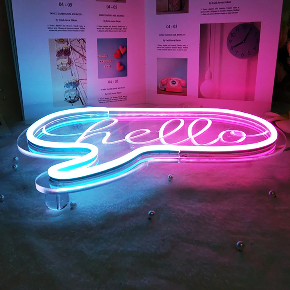 Imagem -03 - Olá Led Neon Sign Luz Azul e Rosa Luz Branca Usb Alimentado com Dimmer 122x885 Polegadas 5v Pequena Lâmpada Noturna para Casa Decoração do Quarto