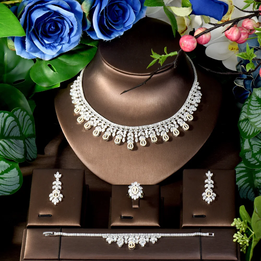 HIBRIDE Gorgeous One-of-a-Kind Water Drops Accessories 4pcs Set CZ Zirconia Necklace Earrings Bridal Wedding Dubai Party S-138