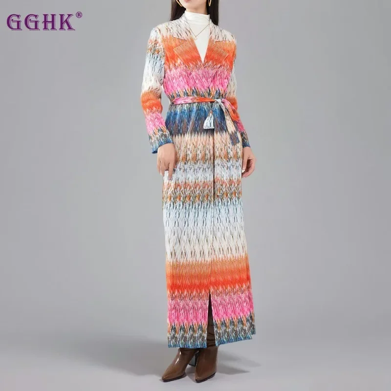 GGHK Pleated Women Abaya 2025 Spring Fall New Lapel Retro Printed Cardigan Design Loose Large Size Bohemian Windbreaker