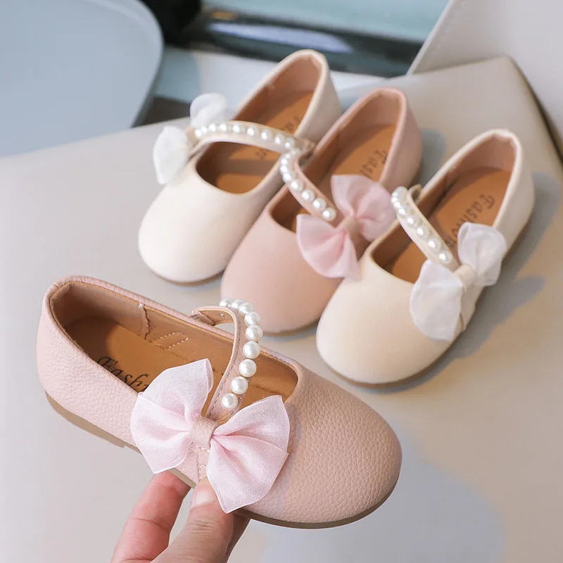 

Kids Mary Janes Shoes for Party Wedding Children Elegant Princess Shoes with Bow-knot Girls Pearls Flats Leather Shoes Round-toe