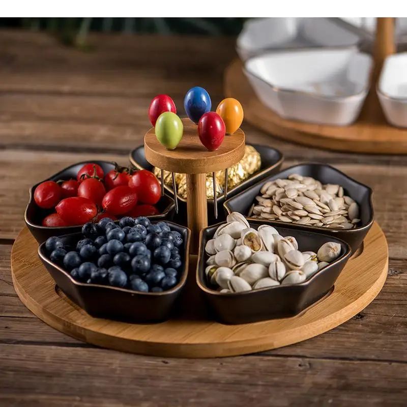 Marble Pattern Ceramic Fruit Plate Equipped with Bamboo and Wood Base Household Multi Grid Dried Snack