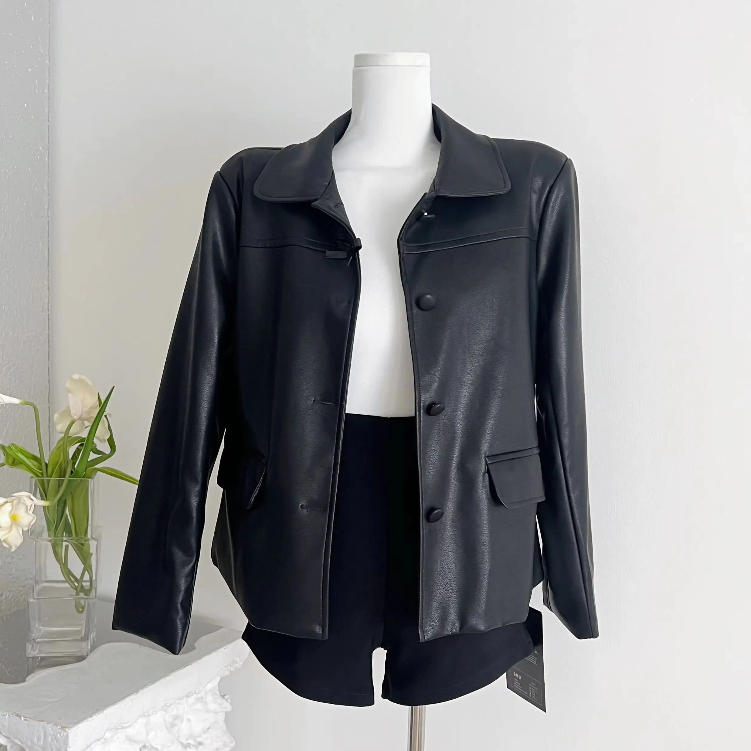 Fashion Butterfly-knotted PU Leather Jacket Coat Women Autumn Winter Single-breasted Overcoat Female Eco-friendly Black Coat
