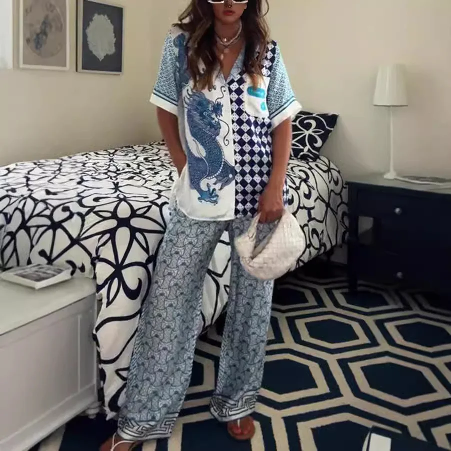 ผู้หญิงฤดูใบไม้ผลิฤดูร้อนใหม่แขนสั้นซาตินและกางเกงขายาวหลวมสบายๆชุดสูทสองชิ้น