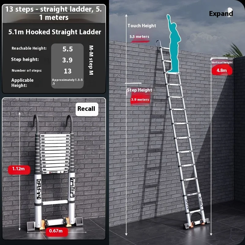 Telescopic straight ladder with hooks and wheels, thickened aluminum alloy, easy to store household ladder, engineering ladder - view 5