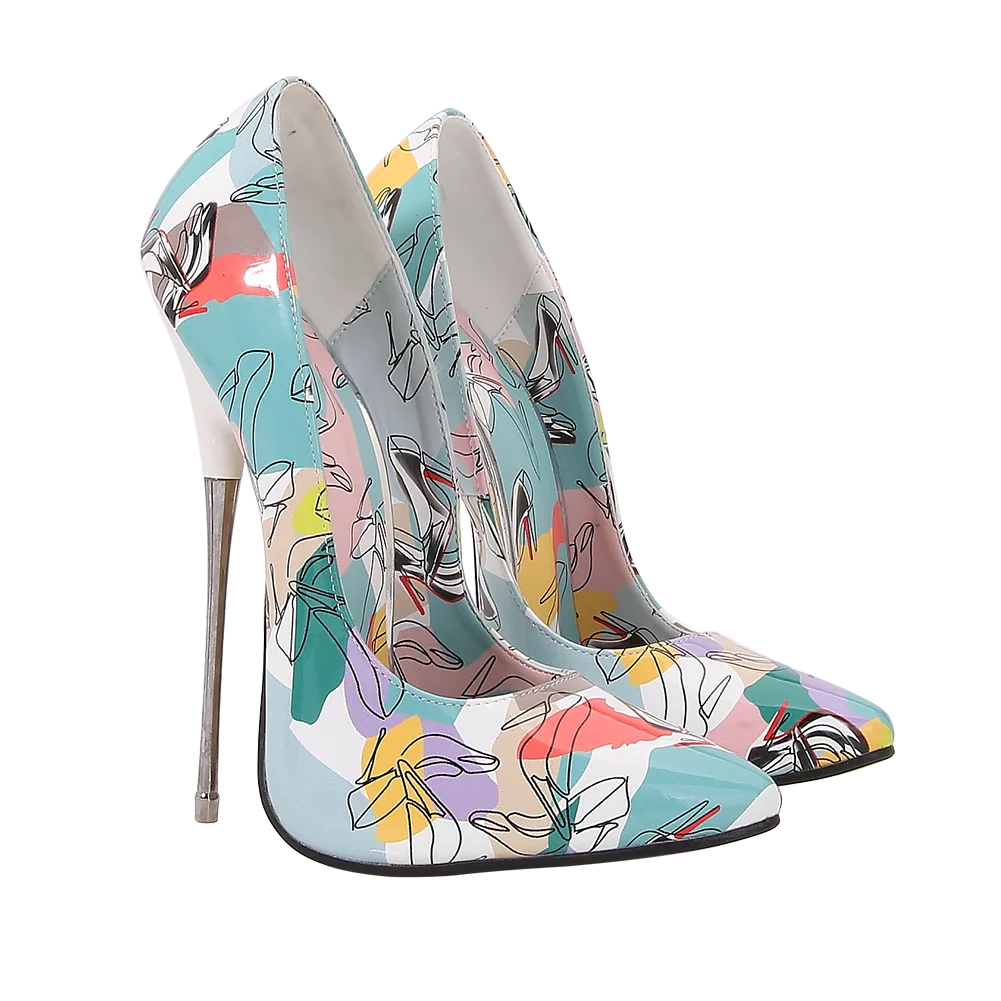 Women Print Floral Pumps 16cm Extreme High Metal Heels Sexy Stiletto Pole Dance Fetish Night Club Party Catwalk Man Unisex Shoes