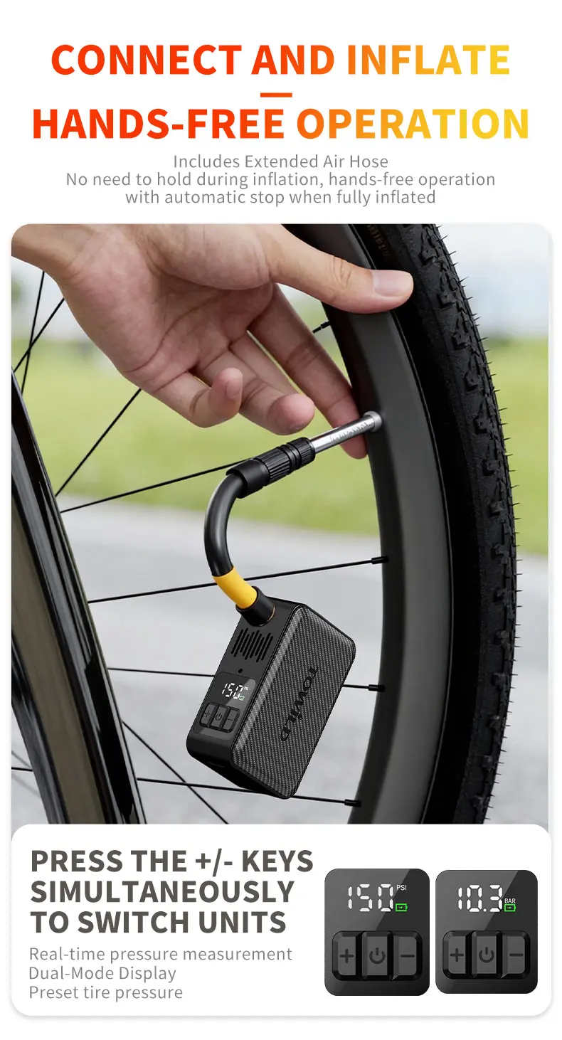 TOWILD A15 Intelligente Fahrrad-Luftpumpe 150PSI Hochdruck Mini Tragbare Elektrische Pumpe für AV/FV Reifenfüller Fahrradzubehör – Detail 10