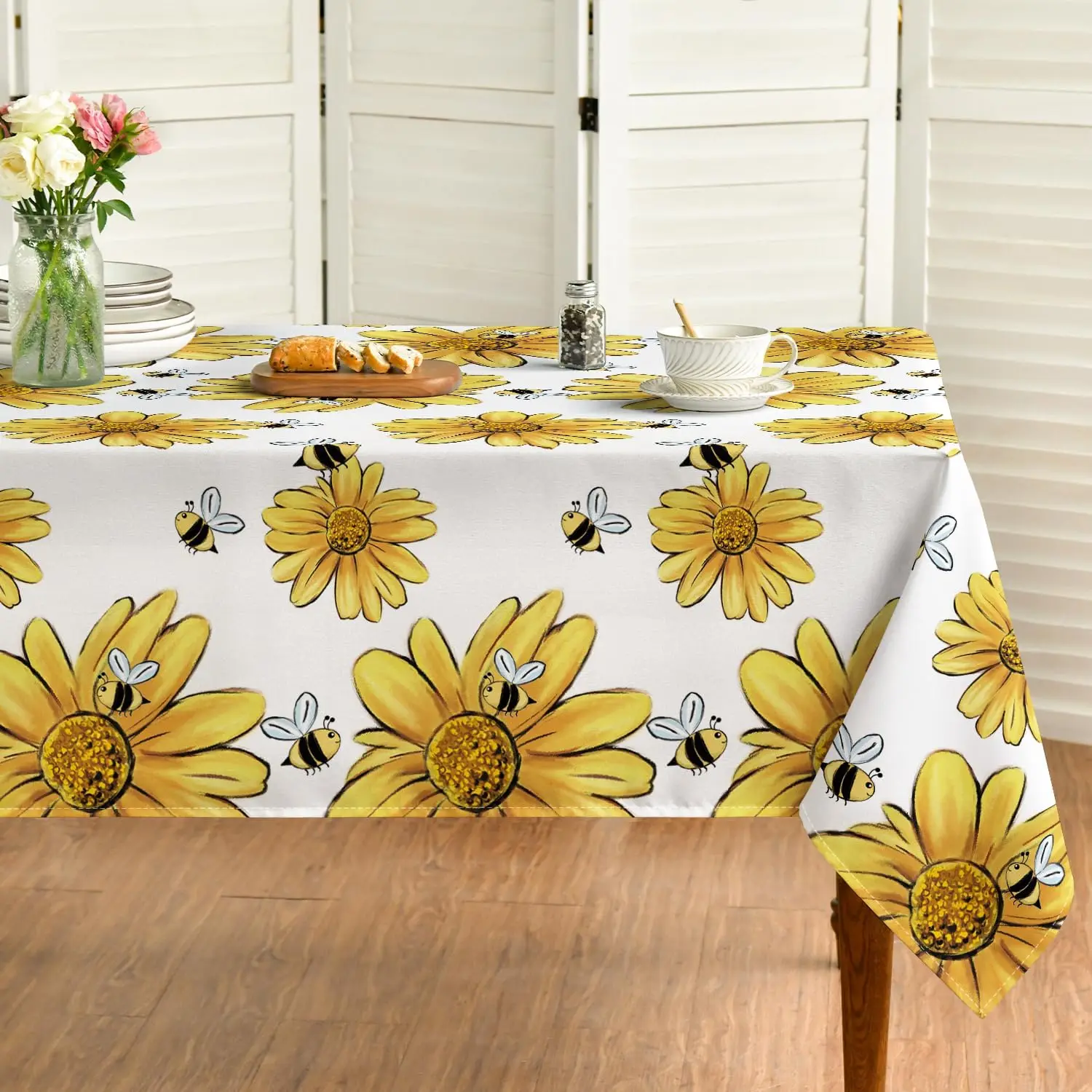 Spring Yellow Sunflower Printed Tablecloths Bumble Bee White Washable Table Cover for Kitchen Table Decor Wedding Party Decor