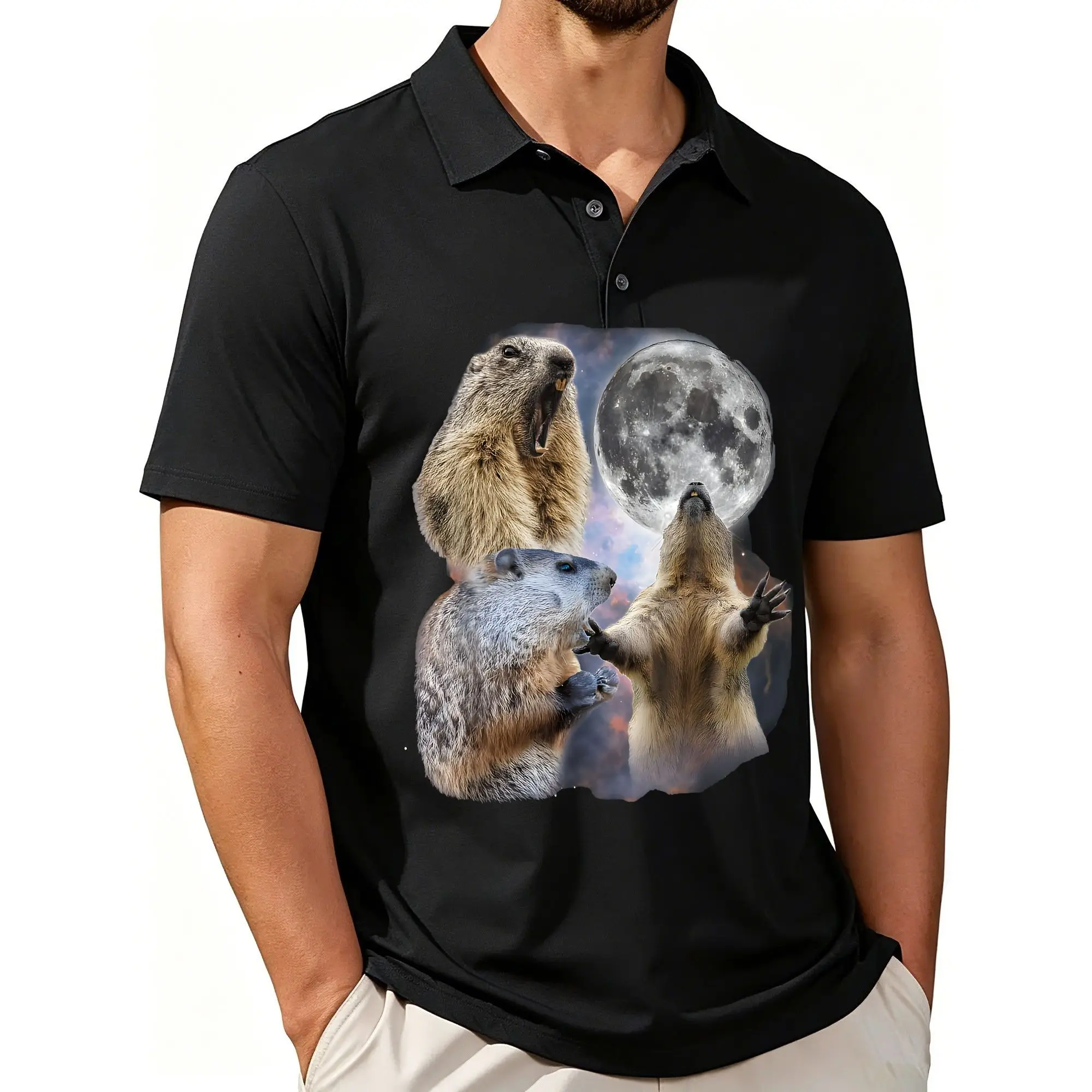 Men's Printed Short-Sleeve Polo Shirt with Groundhog Day Holiday Theme, Stylish and Casual Fit, Breathable Fabric, Suitable for All Seasons.