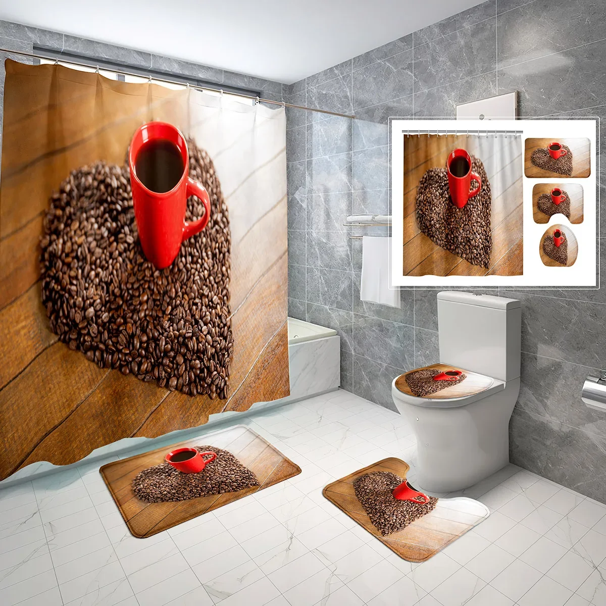 

4 Sets Coffee Shower Curtain Sets with Non-Slip Bath Mat,Toilet Lid Cover and Creativity Black Coffee Beans Shower Curtain Set