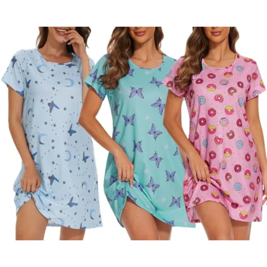3 Pack Womens Nightgowns Short Sleeve Printed Nightshirts Casual Sleepwear Soft Sleepdress S-3XL
