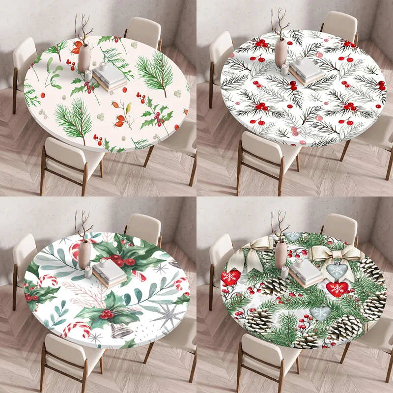1Pc Green Plant Print Elastic Tablecloth Waterproof Anti-Stain Round Table Protector for Kitchen Party Wedding Picnic TableCover