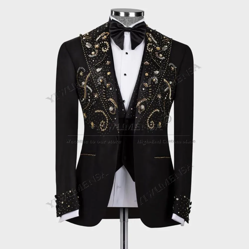 

Luxury Crystals Beaded Suits Men For Wedding Single Breastged Jacket Pants 2 Pieces Groom Tuxedos Customized Man Banquet Dress