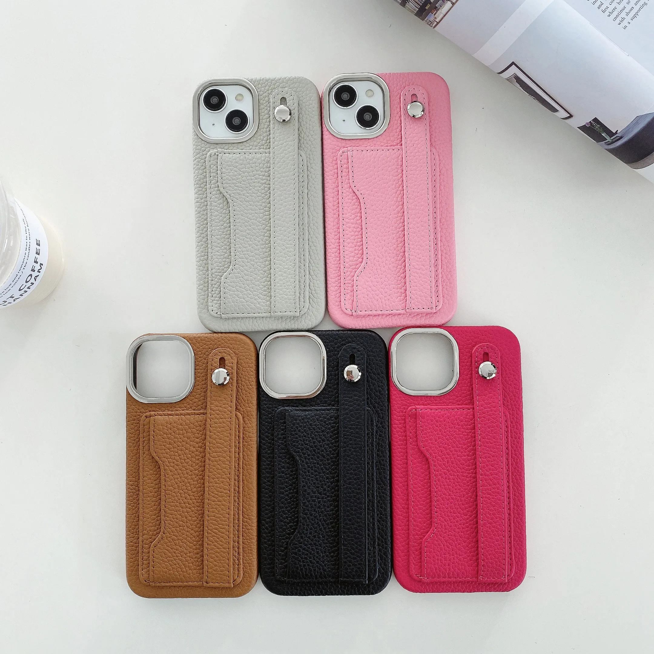 Luxury genuine leather wristband wallet card holder Phone Case for iPhone12 13 14 15Promax 11 15Plus case pure cowhide leather