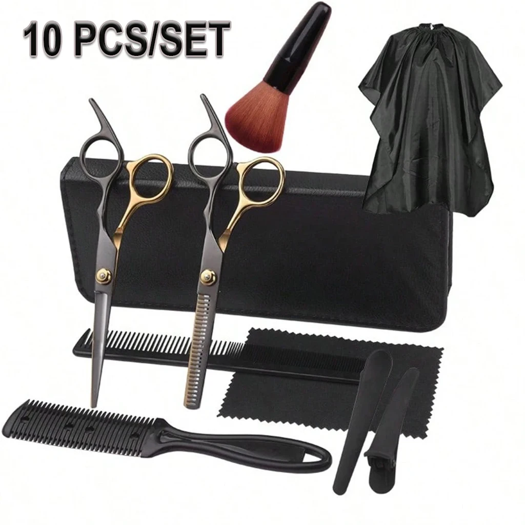 Juego de Tijeras Profesionales para Cortar el Cabello con Tijeras de Entresacar, Peine, Navaja y Capa – Kit de Barbería Negro y Dorado para Salón y Uso Doméstico