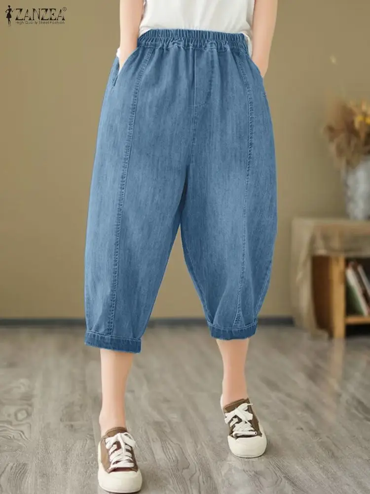 ZANZEA سراويل صيفية للسيدات بطول العجل موضة 2025 بخصر عالٍ وجيوب متينة غير رسمية سراويل فضفاضة عتيقة بخصر مطاطي #1