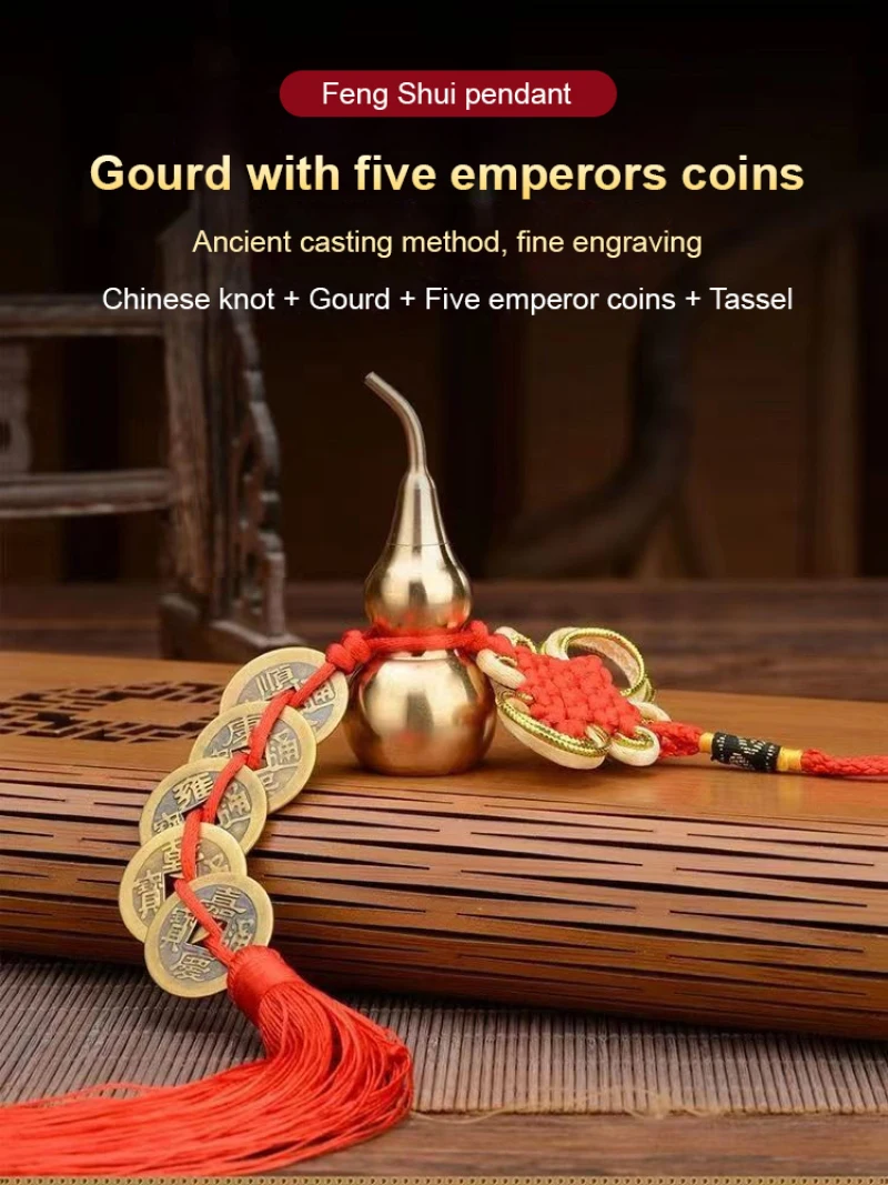 Pure Copper Five Emperor Money Pendant Gourd Nafu Attract Wealth Home Feng Shui Five Emperor Money Cinnabar Fortune and Luck