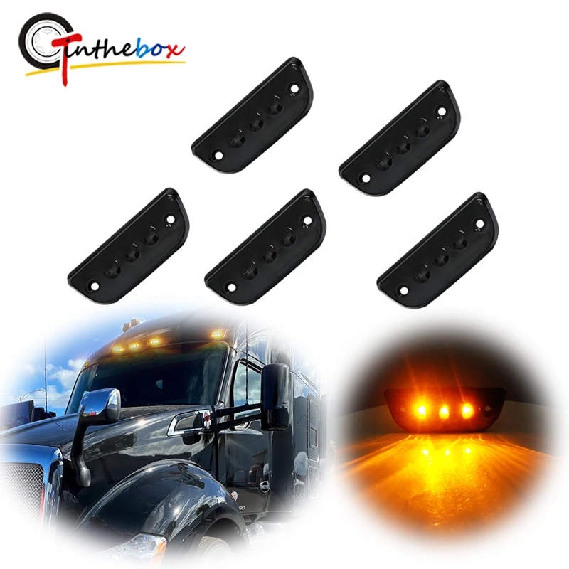 5pcs Amber LED Car Front Raised Cab Roof Top Clearance Marker Lights For 2015-2020 Kenworth T680 T770 T880 & Peterbilt 579