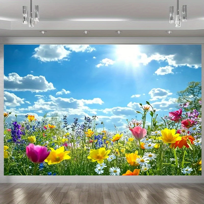 1 Polyester-Banner mit 100 % floraler Wiese-Szenen-Hintergrund, Heim- und Partydekoration, lebendiges, sonnenbeleuchtetes Landschaftsdesign