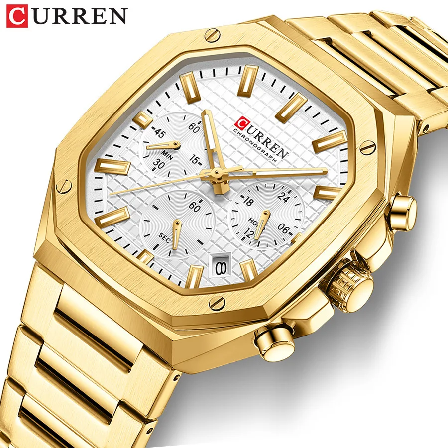 

CURREN 8459 Men's Quartz Watch Calendar Business Fashion Simple Analog Display Gold Stainless Steel Strap Wristwatch for Male