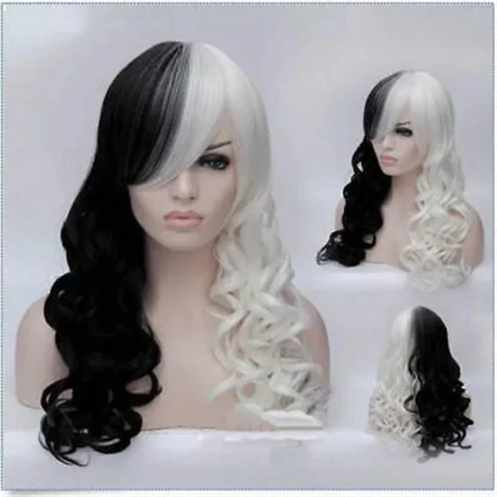 Women Cruella Deville Cosplay Wig Black White Synthetic Long Curly Wig