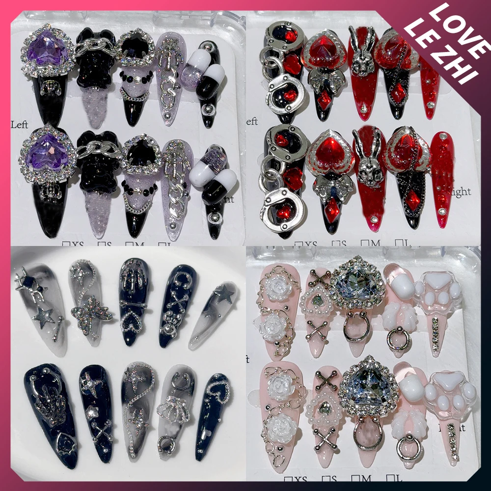 10Pcs Y2K Long Stiletto Spice Girls Punk Style Press On Nails Pearl Diamond Handmade Acrylic Detachable Full Cover Nails