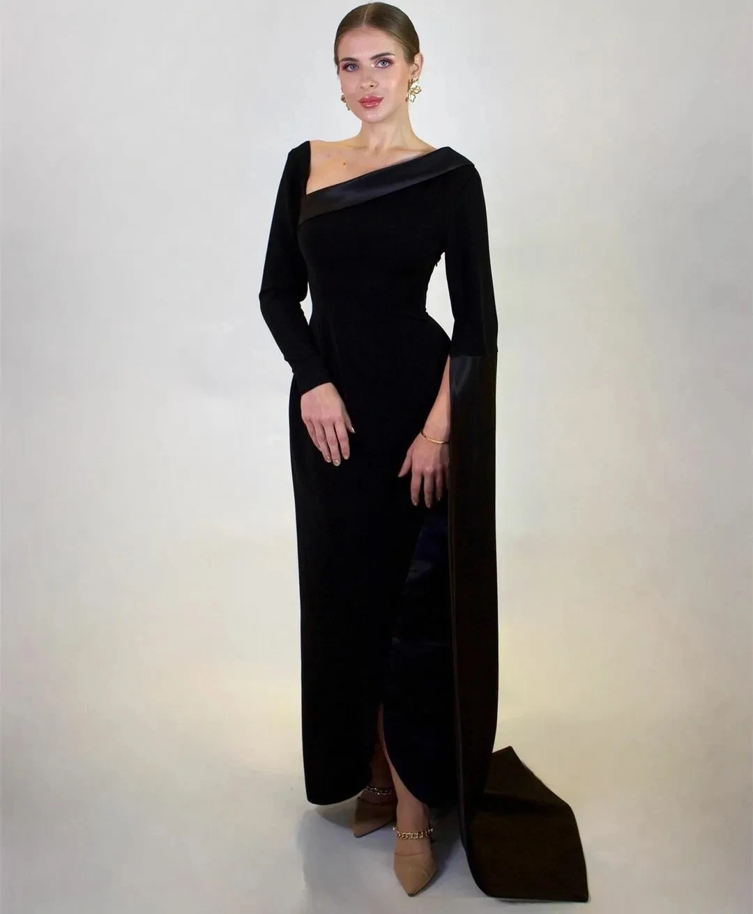 Classic Black Evening Formal Dress Asymmetrical Neck Sleeve Ankle Length Sheath Stain Prom Pageant Party Gowns Robe De Soiree