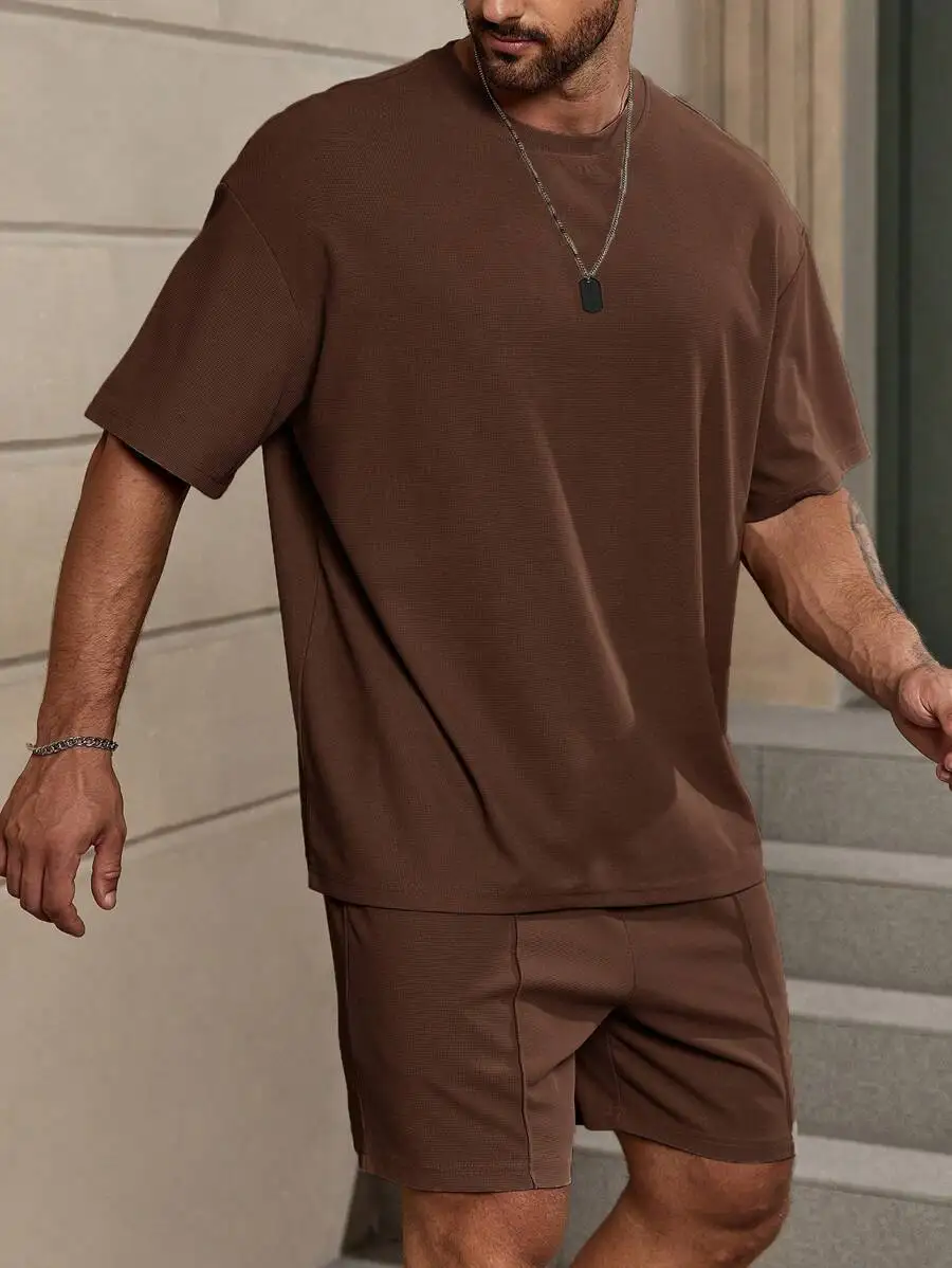 Azurnel Loose Fit Men's Solid Tee & Drawstring Waist Shorts, Cozy Outfits