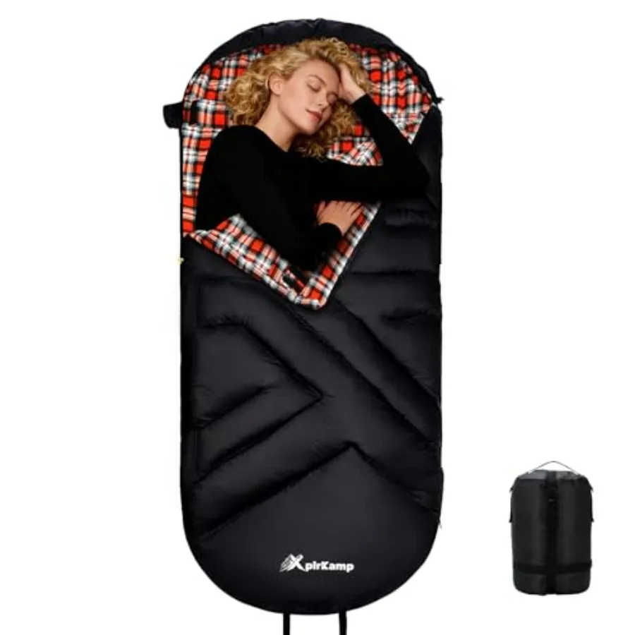 

Cotton Flannel Sleeping Bag for Adults, 4-Season Extra Wide XXL, Warm Cold Weather Use, Portable Camping Sleeping Bag with Comp