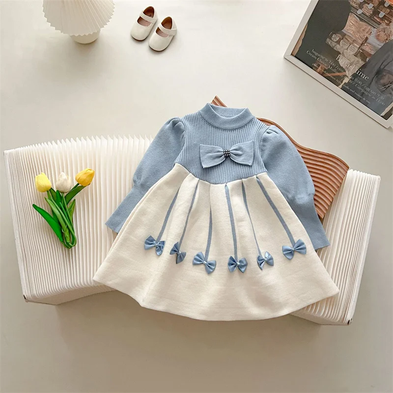 Girls Sweater Dress Children\'s Autumn Winter Knitted Gown New Bow Sweet Princess Vestidos Kids Fashion Warm Cotton Clothing