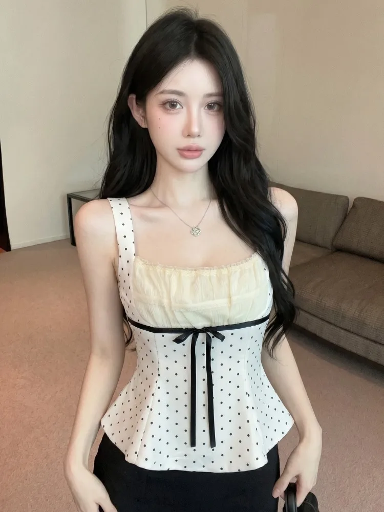 

Sweet Style Knot Polka Dot Lace Women's Summer New Square Collar Vest Small Shirt High-End Feeling Top
