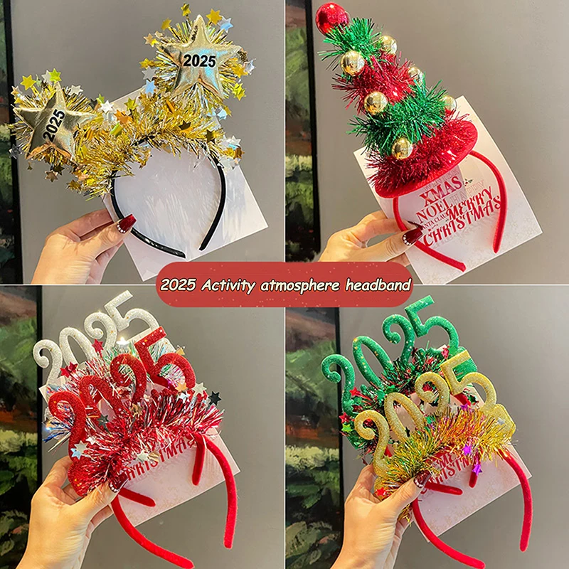 1PC Christmas New Year Eve Party Photo Props 2025 Glitter Gold Silver Star Sequin Headband Happy New Year Decoration