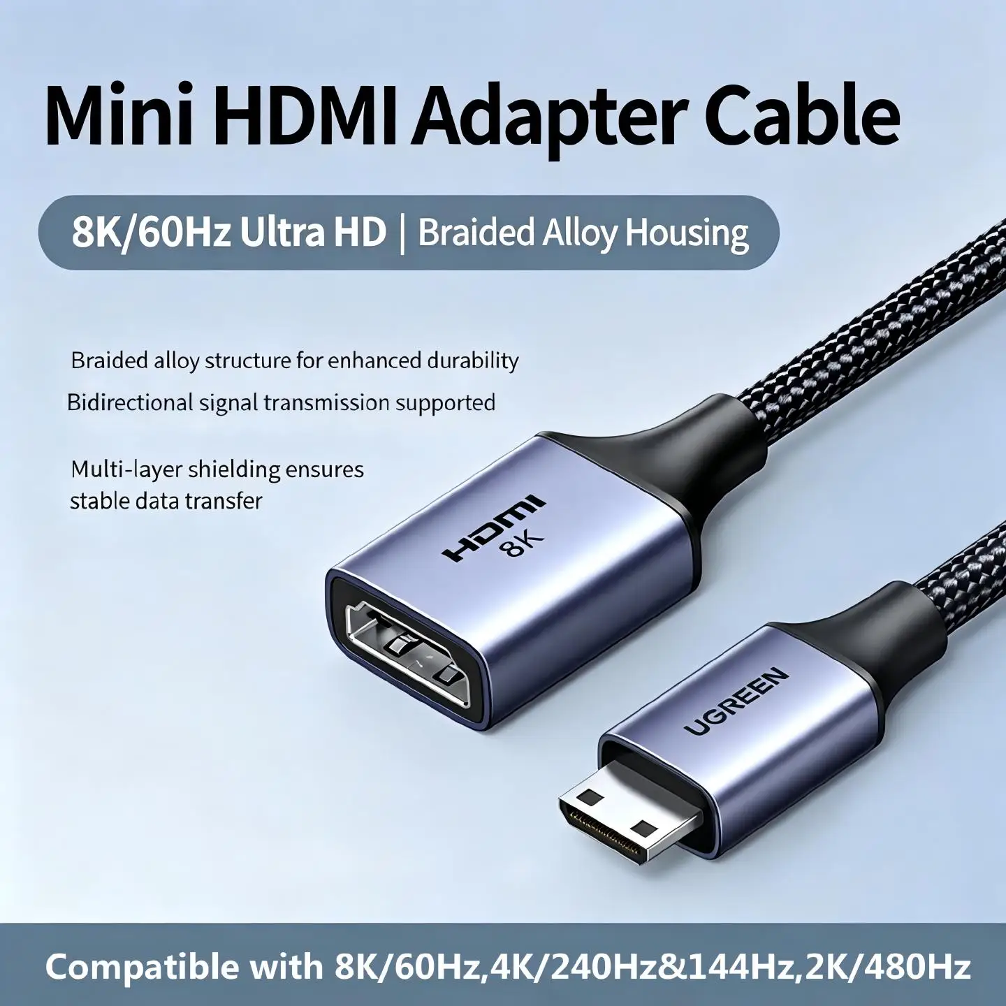 UGREEN Mini HDMI Male naar HDMI2.1 Female Adapterkabel 20cm 4K 8K Converter Gevlochten Kabel voor Notebook Computer Monitor Projector Camera TV