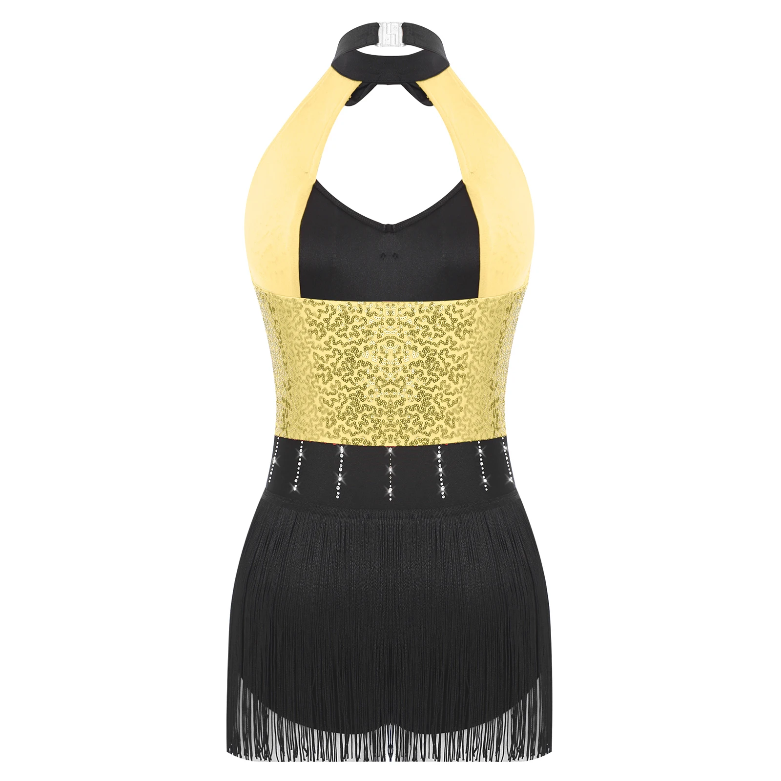 Women Sparkly Patchwork Latin Samba Cha-cha Stage Performances Outfits Glittery Halter Bow Tie Backless Tassel Latin Dancewear