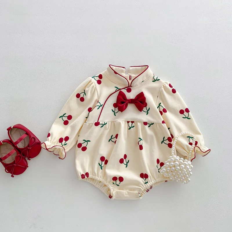 

Newborn Baby Girls Romper Spring and Autumn Princess Kids Cherry Ha Clothes Toddler Children's Full Moon 100 Days Party Clothing