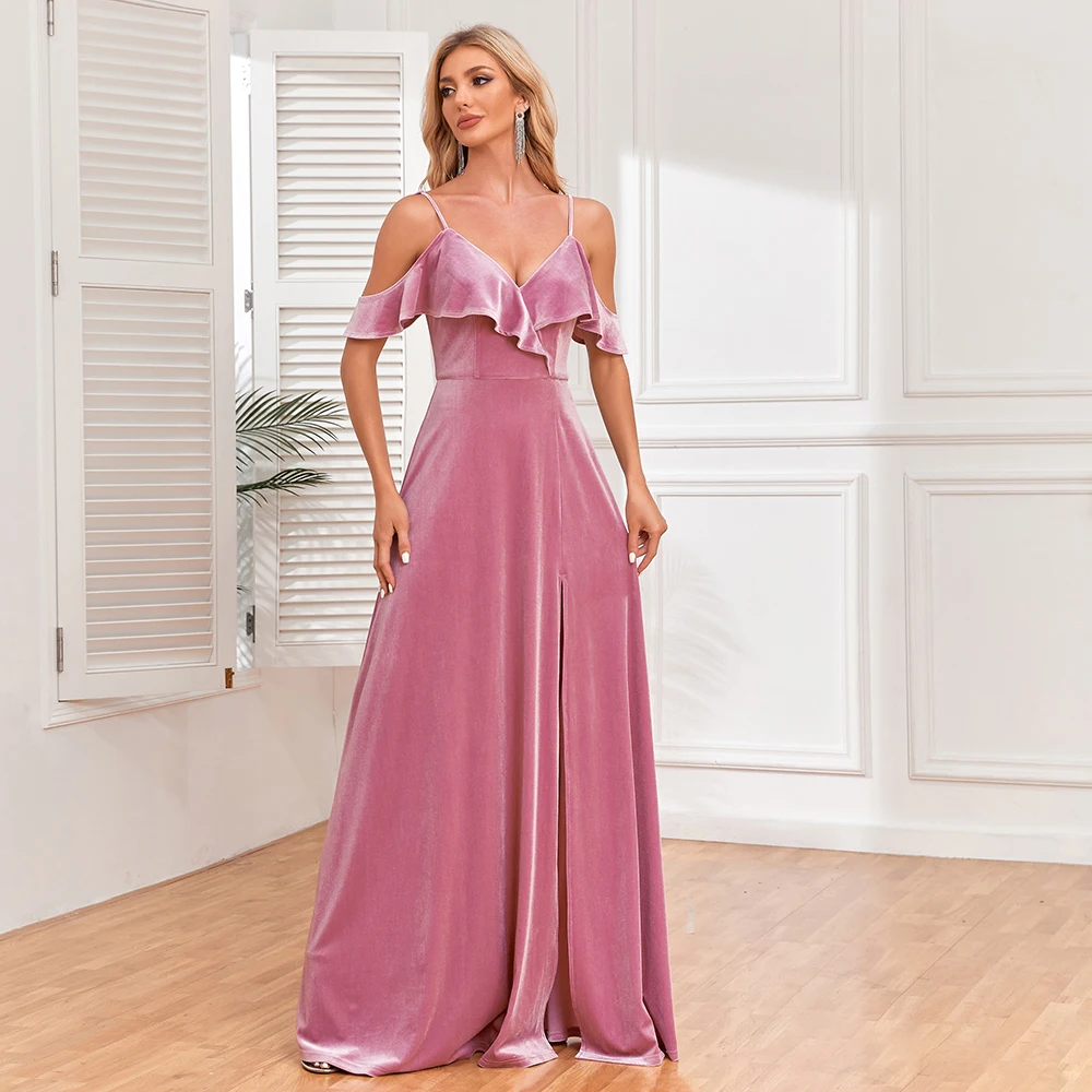 Abito da damigella d'onore da sposa in velluto a trapezio con allacciatura frontale con spalle scoperte eleganti da donna nuove con bordo a balze