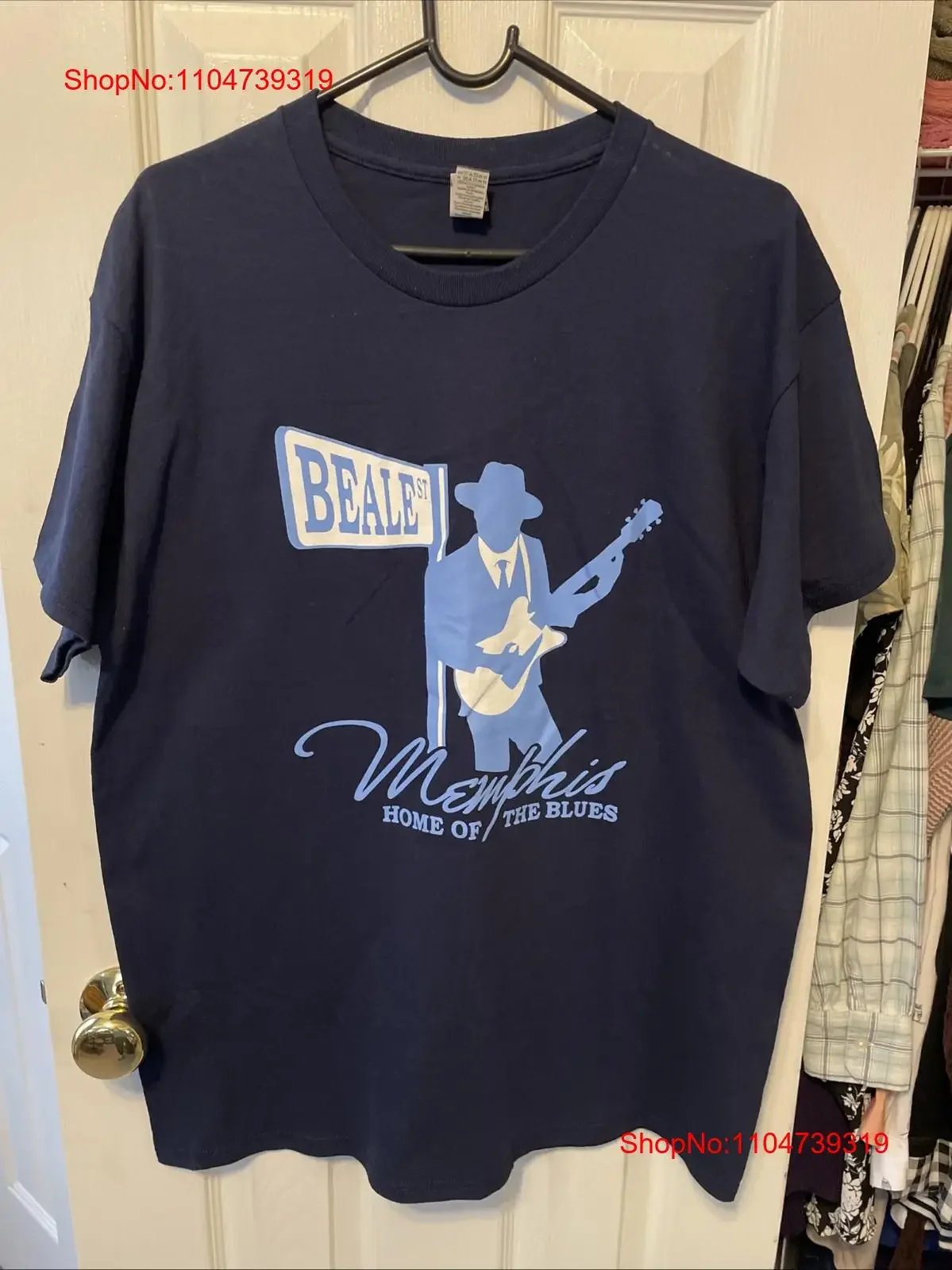 Camiseta Beale Street Memphis para hombre, azul, talla del hogar del Blues, ropa de calle informal lavada vintage grande, ligeramente estirada
