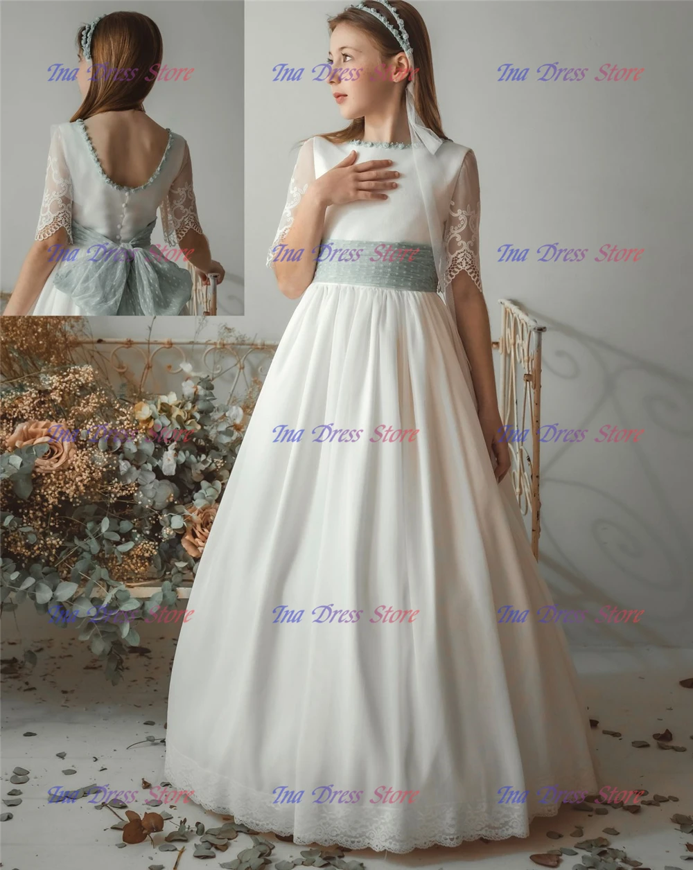 

Elegant Flower Girl Dress Half Sleeve Tulle Fluffy Quality Lace Appliques For Wedding Kids Birthday Party Evening Ball Gowns