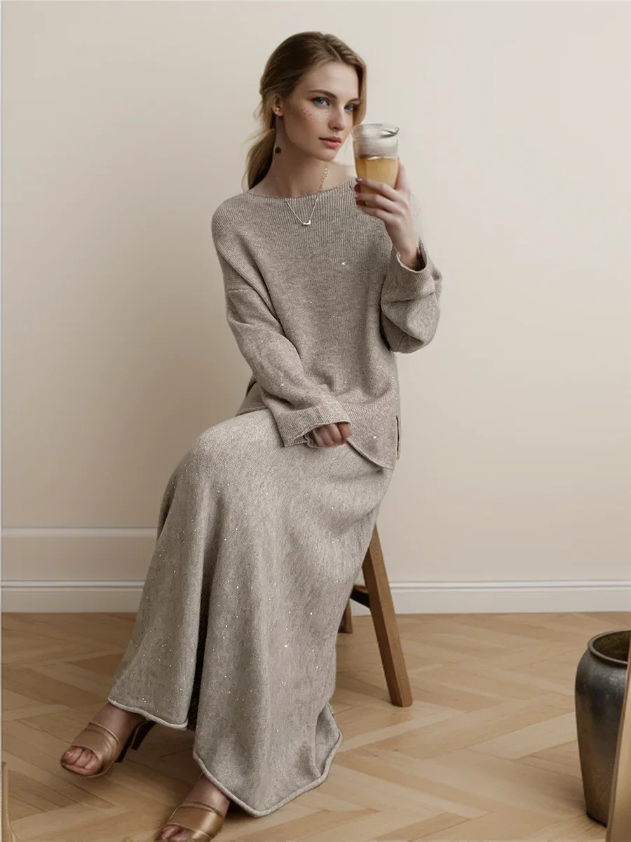 Hirsionsan Sexy Soft Elegant Vintage Women Suits 2 Pieces Female Sets Slash Neck Sweater & Midi Dress Bling Knitted TrackSuit