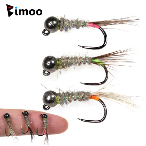 Bimoo 6 piezas # 12 # 14 # 16 fluorescentes de hundimiento rápido sin púas Jig Ninfa Fly Wet Euro Perdigon Ninfas trucha Grayling pesca señuelos con mosca