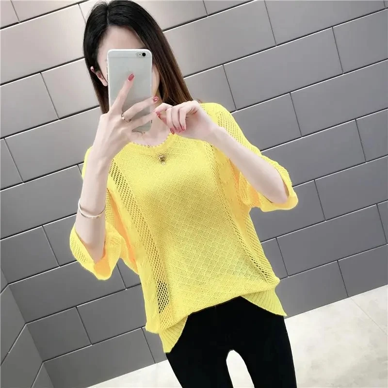 Spring Summer Thin Bat Sleeve Knit Top for Women 2024 New Loose Relaxed Pullover Round Neck Hollow Short Sleeve Bottom Top