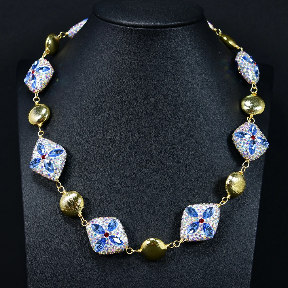 G-G Blue Red Crystal Rhinstone Pave CZ Gold Plated Edge Brushed Beads Connector Statement Chokers Necklace Lady Jewelry Gifts