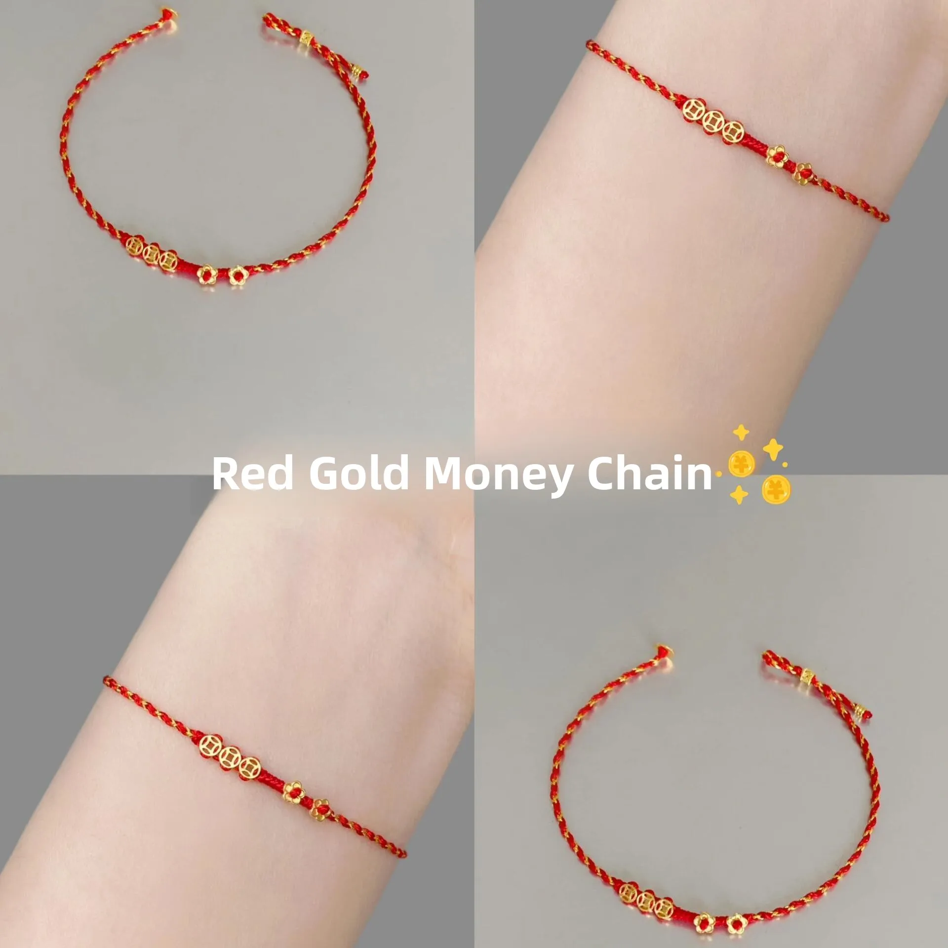 

Double Layer Handmade Red Gold Small Coin String Bracelet Wealth Flowering This Year Luy Red Rope for Chinese Zodiac Year