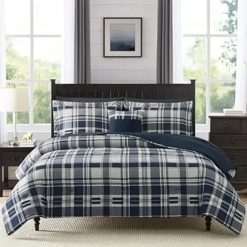 Queen Size Comforter Set Navy Blue, Classic Plaid Farmhouse 7 Pieces Bedding Set, All Season Lightweight Bed in a Bag