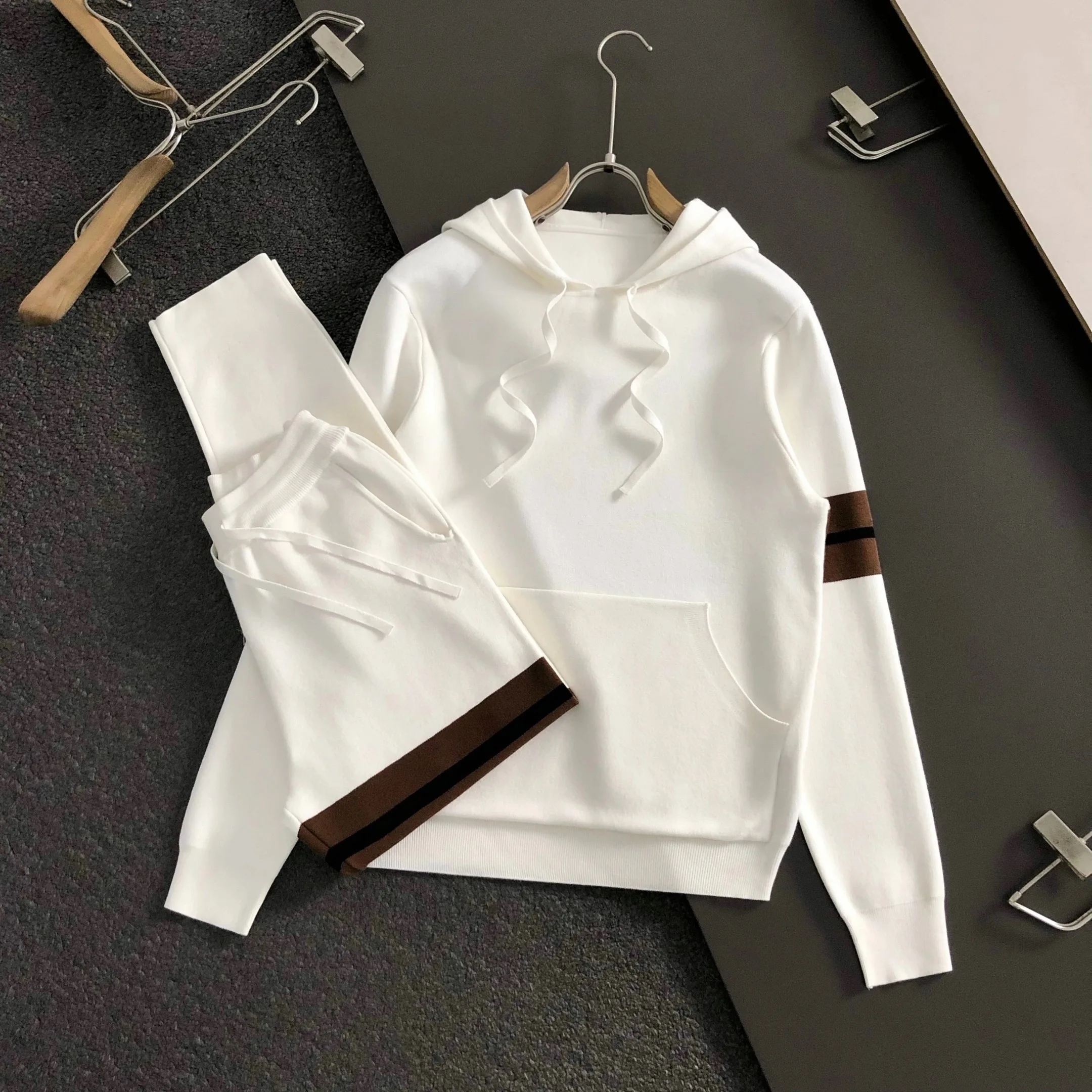 

Italian Sle Men's Long Sve Hoodie Knitted Sweater Casual Pants Autumn Winter Double Bar Stripe Knitwear Youth Set