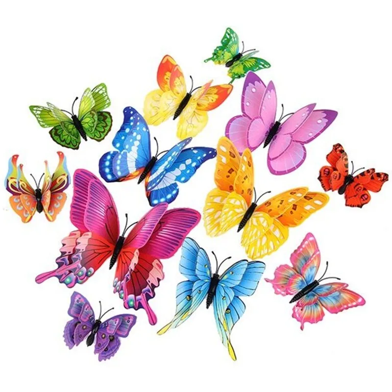 12pcs/set 3D Double-layer Butterfly Wall Stickers with Magnet PVC Butterflies Refrigerator Stickers Home Wedding Christmas Decor