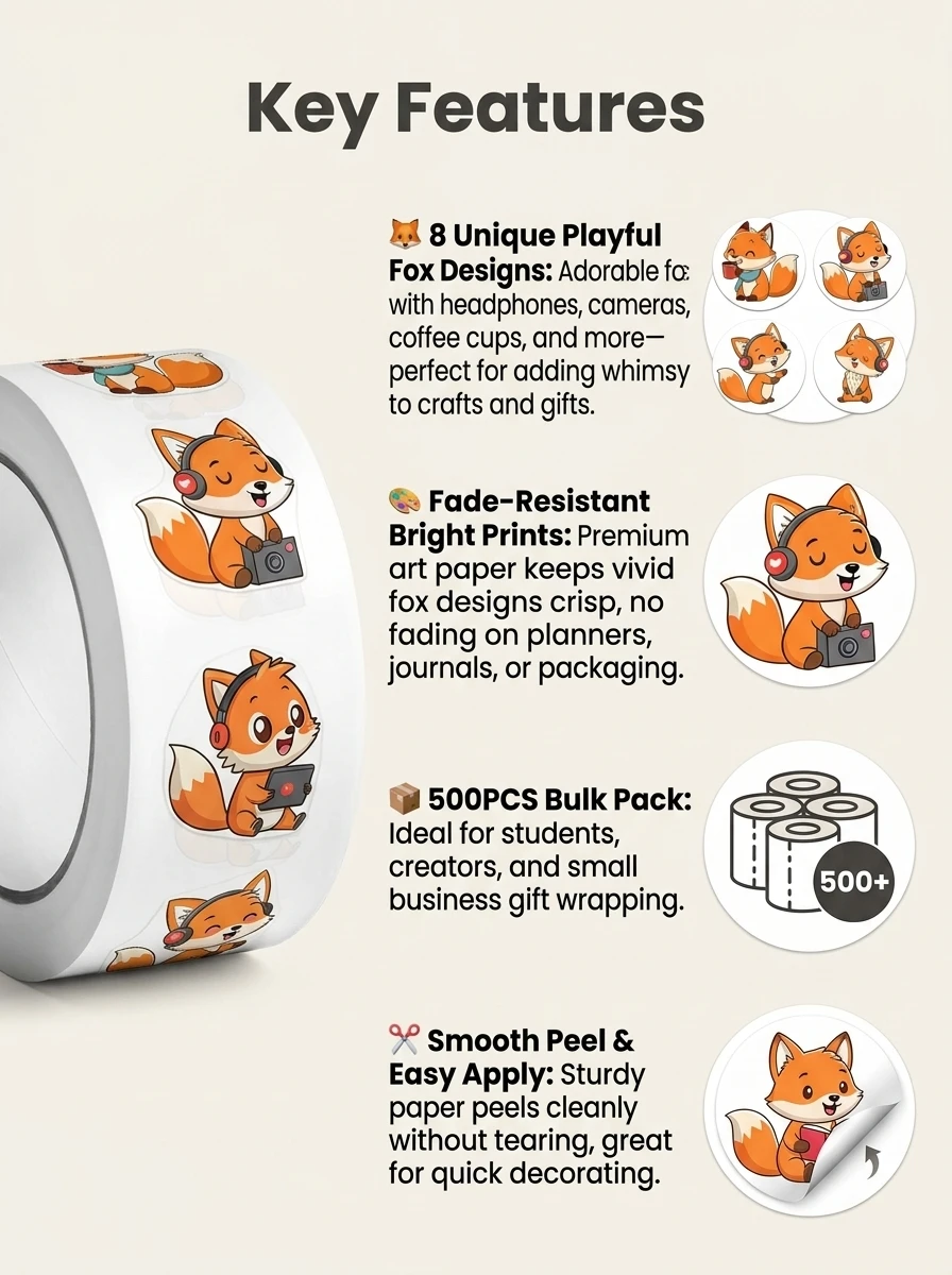 1Roll(500Pcs) Cute Listening Music Playing Game Cool Foxes Stickers 2.5cm/1.0'' 8 Designs Decals Diy Adorn Gifts Packing Labels