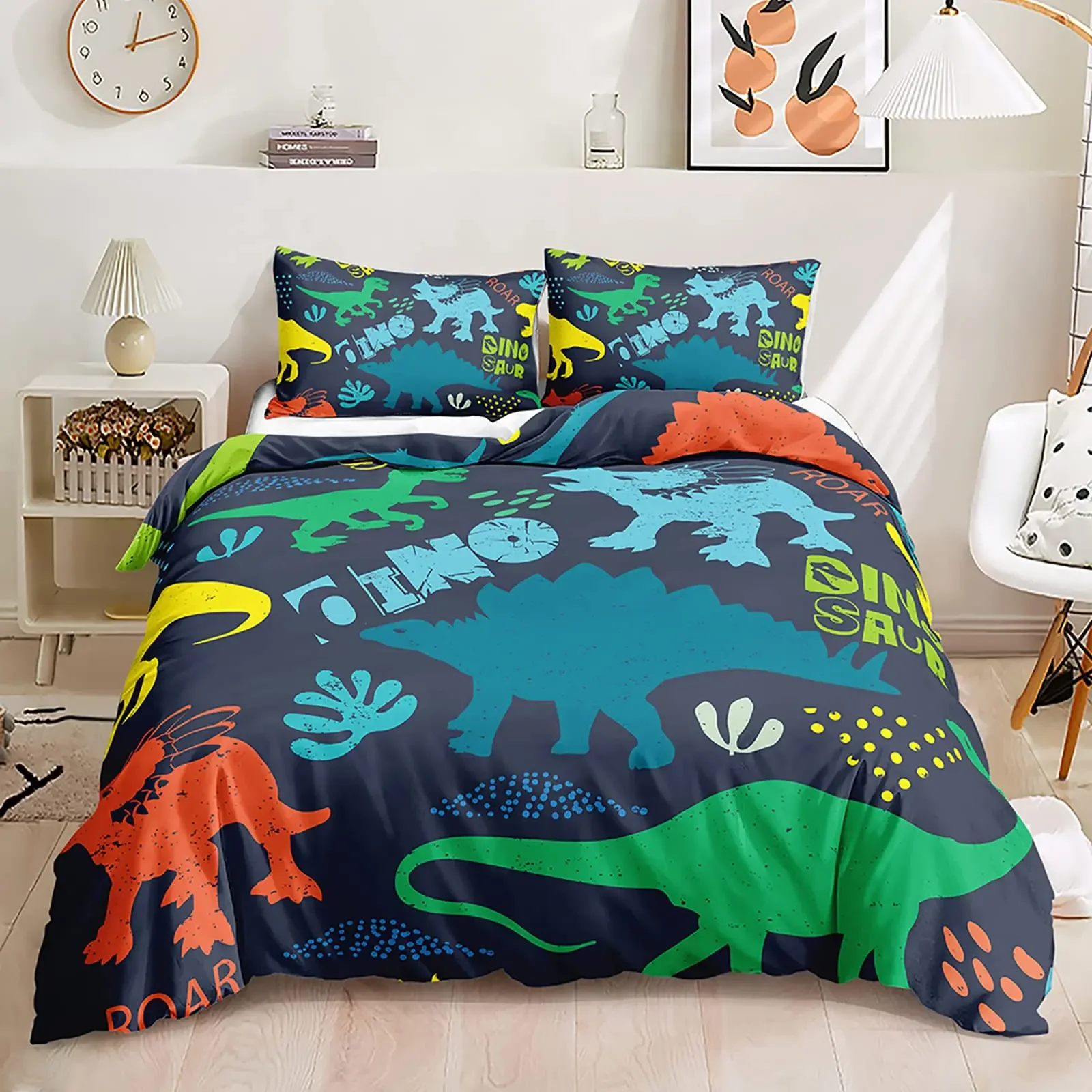 

Kawaii Dinosaur Duvet Cover Queen Size For Kids, Cute Colorful Cartoon Soft Comforter Covers With Zipper Closure Bedroom Bedding