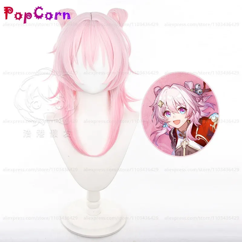 

LQHSR March 7th Wig Women 50cm Long Hair with Bow Ties Pink Gradient Wig Cosplay Anime Heat Resistant Synthetic Wigs