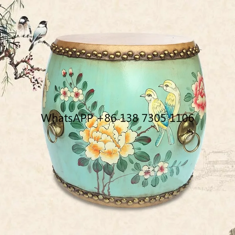 

Drum stool, Chinese solid wood stool, pier antique cowhide drum painted round, dressing, shoe changing stool